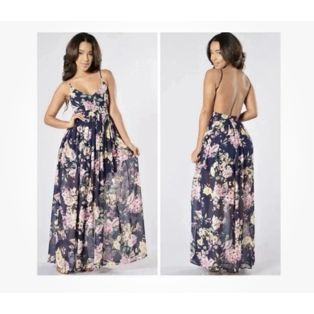 Miss Avenue Midi Floral Backless Sheer Sleeveless Maxi Dress Sz M Flowy Tropical
